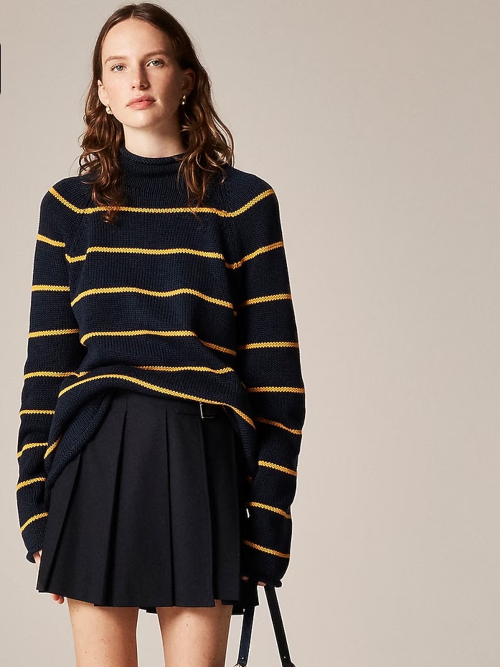 NWOT j.crew 1988 rollneck sweater in navy and yellow rugby stripes, unisex XXS